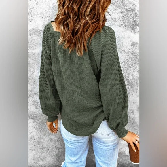 New - Shewin - Green Plain Waffle Knit Bishop Sleeve Square Neck Top - Picture 2 of 10